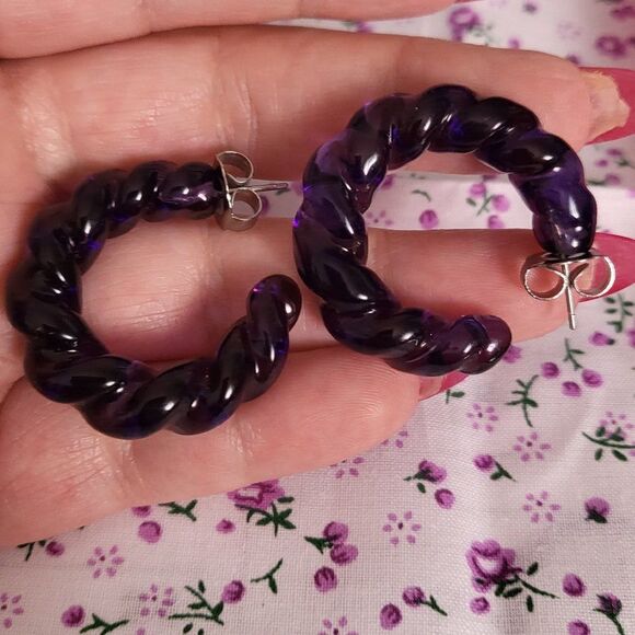 Purple Murano Style Twisted Hoop Earrings in Stainless Steel - Picture 1 of 7